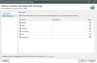 Trados Studio Machine Translation & AdaptiveMT Settings window showing a list of dictionaries including generic, legal, medical, accounting, help, and temporary, all selected for use with machine translation.