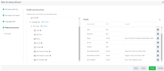 Screenshot of Trados Studio's advanced template option with multiple fields displayed such as 'Name', 'Type', 'Mandatory', and 'Values'.