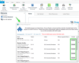 Trados Studio screenshot showing the SDL Plugin Management window with a list of installed plugins and 'Uninstall' buttons next to each plugin.