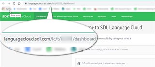 Web browser displaying the SDL Language Cloud dashboard URL with a circled section indicating the account number.