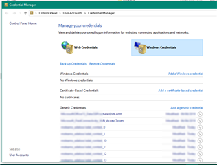 Screenshot of Windows Credential Manager displaying stored credentials for web and Windows accounts.