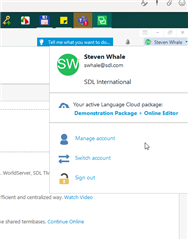 Screenshot of Trados Studio showing user Steven Whale's active account with options to manage account, switch account, or sign out.