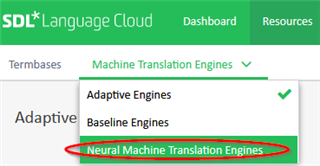 SDL Language Cloud dashboard with Machine Translation Engines dropdown menu open, showing Adaptive Engines, Baseline Engines, and Neural Machine Translation Engines with a red ellipse highlighting the latter.