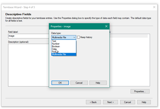 Trados Studio Descriptive Wizard showing a Properties dialog box with DataType options including Image, Number File, Text File, Boolean, Date, and Multimedia File.