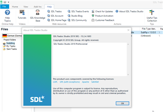 Trados Studio version information window showing version 2019 SR2 - 15.2.4.1691.