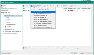 Trados Studio project settings window with a list of translation memory and automated translation providers.