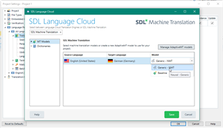 SDL Language Cloud machine translation settings window with source language English (United States) and target language German (Germany).