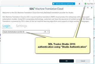 SDL Machine Translation Cloud login screen with a highlighted message box suggesting to authenticate using 'Studio Authentication' for SDL Trados Studio 2019.