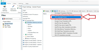 Trados Studio project settings window with an arrow pointing to the 'SDL Language Cloud' option in the translation memory and automated translation list.