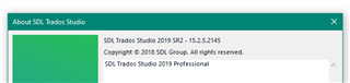 Close-up of the 'About SDL Trados Studio' window displaying the version number 15.2.5.2145 and the text 'SDL Trados Studio 2019 Professional'.