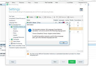 Trados Studio settings window with an error message overlay stating 'This translation memory 250% - Language Cloud Machine Translation will not be used for the following language pairs: Chinese (Simplified, China) - English (United States).' with an OK button.