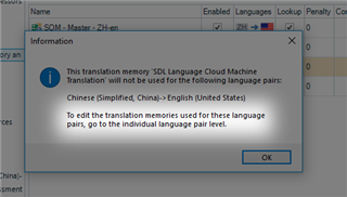 Information dialog box in Trados Studio showing an error message that SDL Language Cloud Machine Translation will not be used for Chinese (Simplified, China) to English (United States) language pairs and instructs to edit translation memories at the individual language pair level.