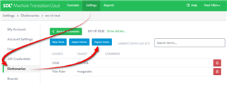 Trados Studio SDL Machine Translation Cloud settings page showing 'API Credentials' and 'Dictionaries' tabs with arrows pointing to 'Import terms' and 'Export terms' buttons.