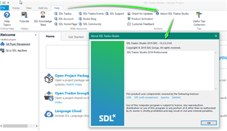 Trados Studio screenshot showing the 'About SDL Trados Studio' dialog box with version number 2019 SR2 - 15.2.0.1041 displayed.