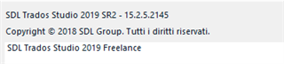 Screenshot showing SDL Trados Studio 2019 SR2 version 15.2.5.2145 with copyright notice.