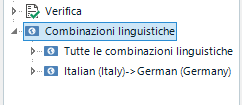 Screenshot displaying language combination settings in Trados Studio with Italian (Italy) to German (Germany) selected.