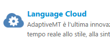 Trados Studio Language Cloud settings menu with partial Italian text about AdaptiveMT.