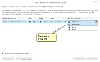 SDL Machine Translation Cloud dialog box with 'Dictionary Support' dropdown menu showing 'No dictionary' and 'gfdfrn' options for English (United States) - French (France) language pair.