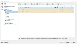 Trados Studio Project Settings window displaying a list of language pairs and translation memory settings.