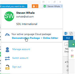 Trados Studio user interface showing user Steven Whale's account with active Language Cloud package labeled as 'Demonstration Package + Online Editor'.