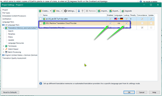 Project settings window in Trados Studio highlighting the SDL Machine Translation Cloud provider which appears to be disabled.