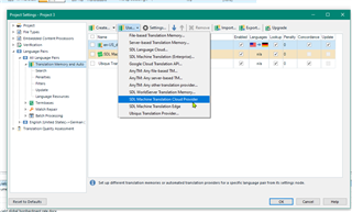 Project settings window in Trados Studio with 'SDL Machine Translation Cloud' selected and a message prompting to ensure 'Enabled' and 'Lookup' boxes are ticked.