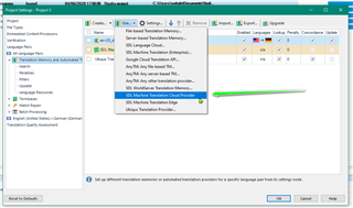 Trados Studio Project Settings window showing Language Pairs with SDL Language Cloud selected and a green arrow pointing to it.