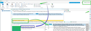 Trados Studio 2019 interface with an open project. Arrows point to 'Help' menu and 'Check for updates' option. Notification tab highlighted on the right. No visible errors or warnings.