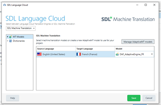 SDL Language Cloud window showing SDL Machine Translation options with a list of Adaptive MT models, including English (United States) to French (France) and a button to add AdaptiveMT_FR.