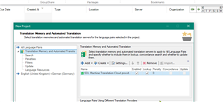 Trados Studio New Project window showing Translation Memory and Automated Translation tab with SDL Machine Translation Cloud provider added.