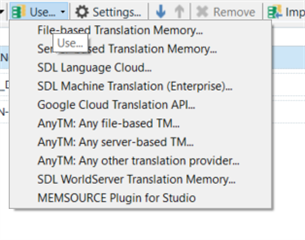 Dropdown menu in Trados Studio showing translation memory options, 'SDL Machine Translation Cloud Provider' is not listed.