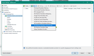 Trados Studio Project Settings window showing SDL Machine Translation Cloud selected in the Translation Memory and Automated Translation list.