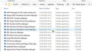 File Explorer window with the path C:UsersUSER NAMEAppDataRoamingSDLSDL Trados Studio15PluginsPackages, displaying various SDL plugin installer applications including SDL Machine Translation Cloud.