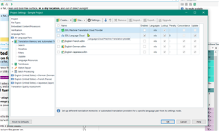 Trados Studio project settings window showing 'SDL Language Cloud' selected as the translation provider.