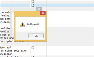 Error message popup in Trados Studio editor displaying 'Bad Request'.