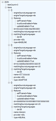 Screenshot of Trados Studio showing a Fiddler GET request with parameters for sourceLanguage as en-US and targetLanguage as de-DE for tenant LC-5bcecc824f94b3cb76a190cc.