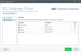 SDL Language Cloud Machine Translation dictionaries tab displaying a list with 'accounting', 'legal', 'generic', and 'medical' dictionaries. 'Accounting' is selected.