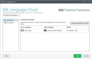 SDL Language Cloud window showing Machine Translation settings with Italian to English language pair and Generic NMT model selected.