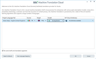 SDL Machine Translation Cloud window showing project language pairs with Italian-English selected, a warning message 'No Dictionary available' is displayed.