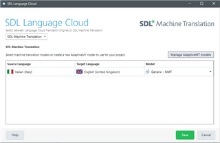 SDL Language Cloud settings window showing source language set to Italian and target language set to English with a generic model selected for machine translation.