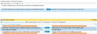 Screenshot of Trados Studio interface showing a segment with source text 'PROGETTAZIONE DELLA MACCHINA A FINI BELLIAMENTE' and target text 'DESIGN OF THE MACHINE FOR INCLINING PURPOSES'. No visible errors or warnings.