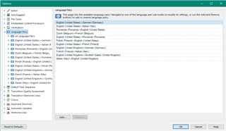 Trados Studio screenshot showing Language Pairs settings with a list of available language pairs including English to various European languages.