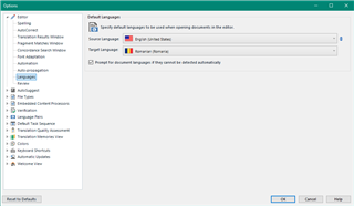 Trados Studio screenshot displaying Default Language settings with Source Language set to English (United States) and Target Language set to French (France).