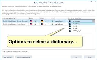 SDL Machine Translation Cloud window showing options to select a dictionary with English-German language pair.