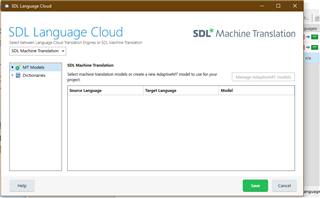 SDL Language Cloud window showing empty fields for Source Language, Target Language, and Model under SDL Machine Translation.