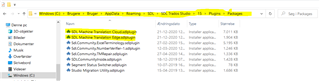 Screenshot of File Explorer showing Trados Studio 'Packages' folder with items 'SDL Machine Translation Edge' highlighted in yellow.