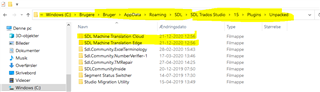 Screenshot of File Explorer showing Trados Studio 'Unpacked' folder with items 'SDL Machine Translation Cloud' and 'SDL Machine Translation Edge' highlighted in yellow.