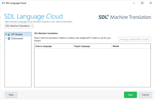 Screenshot of SDL Language Cloud window showing Machine Translation tab with empty Source Language, Target Language, and Model fields.