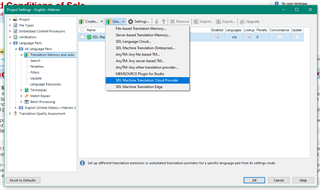 Screenshot of Trados Studio project settings with a dropdown menu open, displaying options including SDL Machine Translation Cloud and Language Cloud.