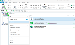 Trados Studio screenshot showing the Add-ins menu with a list of plugins. The SDL Machine Translation Cloud plugin is highlighted with a green arrow pointing towards it.